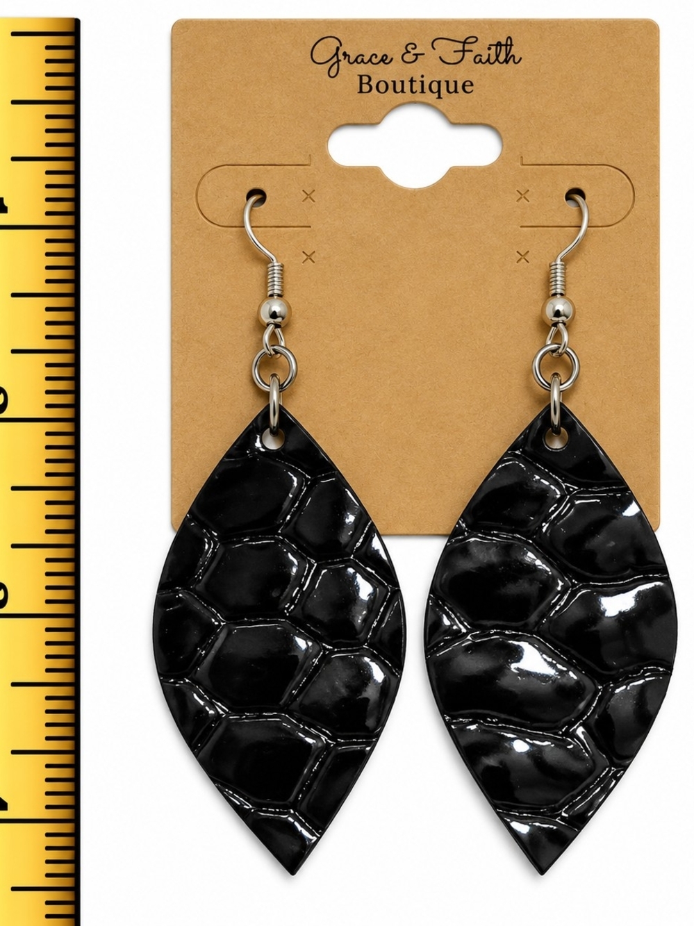 Black Croc-Textured Leqther Teardrop Earrings